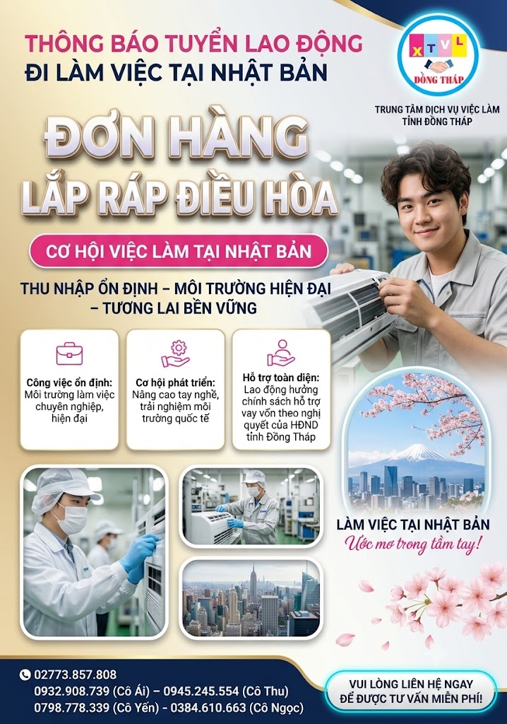 Tuyển gấp 6 nam làm việc tại Nhật Bản đơn Lắp ráp điều hoà