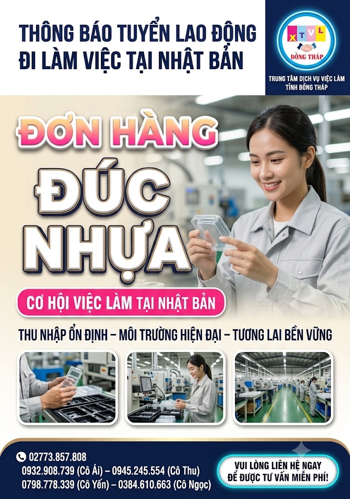 Tuyển gấp 10 nữ làm việc tại Nhật Bản đơn hàng Đúc nhựa