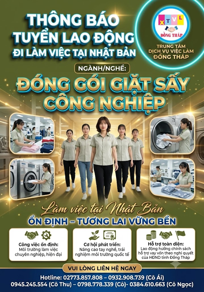 Tuyển gấp 10 nữ làm việc tại Nhật Bản đơn hàng Đóng gói giặt sấy công nghiệp