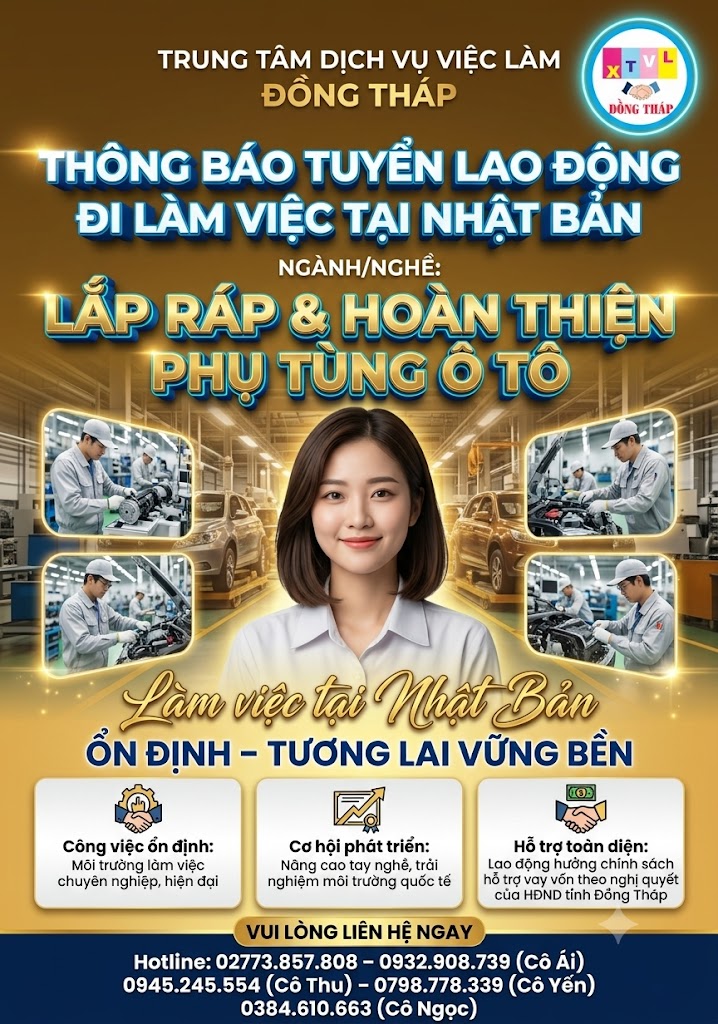 Tuyển gấp 5 nữ làm việc tại Nhật Bản đơn Lắp ráp & hoàn thiện phụ tùng ô tô