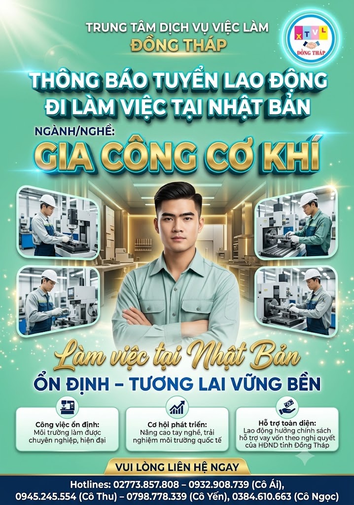 Tuyển gấp 10 nam làm việc tại Nhật Bản đơn hàng Gia công cơ khí