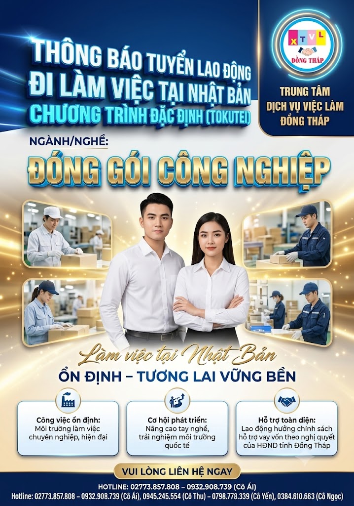 Tuyển gấp 15 nam, nữ làm việc tại Nhật Bản đơn hàng Đóng gói công nghiệp (Tokutei)