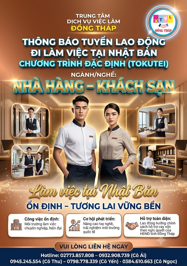Tuyển gấp 15 nam, nữ làm việc tại Nhật Bản đơn hàng Nhà hàng – Khách sạn (Tokutei)