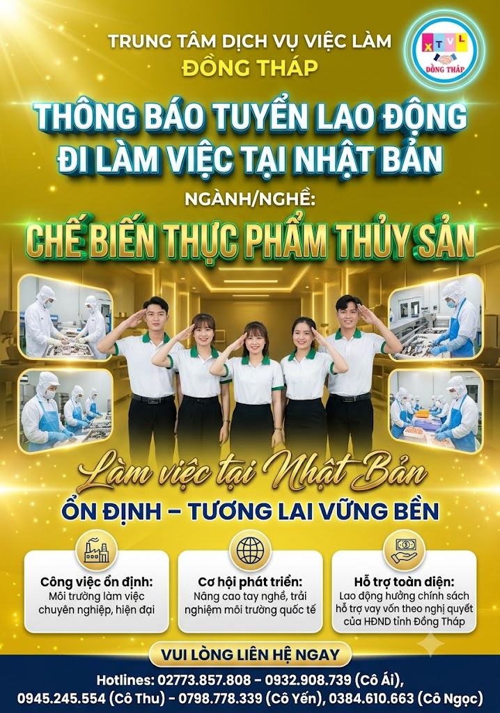 Tuyển gấp 50 nữ làm việc tại Nhật Bản đơn hàng Chế biến thực phẩm thuỷ sản