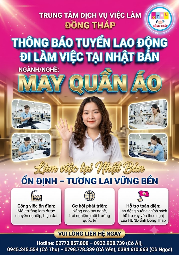 Tuyển gấp 5 nữ làm việc tại Nhật Bản đơn May quần áo
