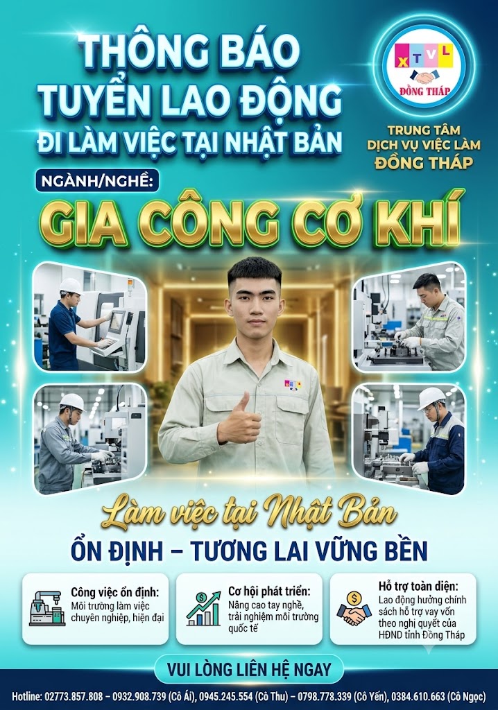 Tuyển gấp 15 nam làm việc tại Nhật Bản đơn Gia công cơ khí