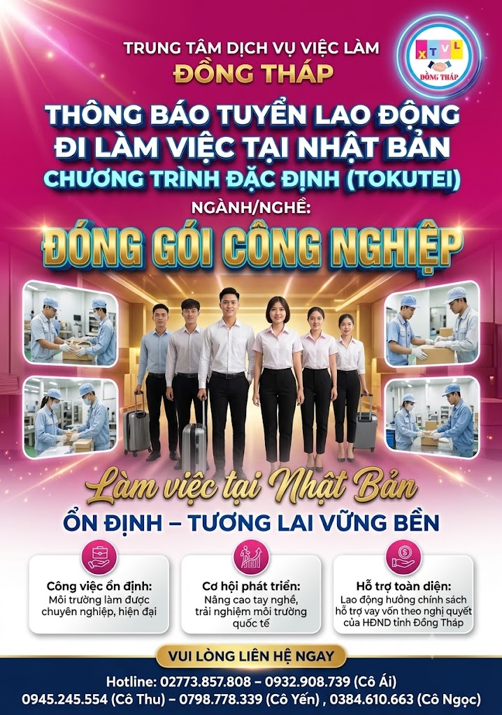 Tuyển gấp 15 nam  nữ làm việc tại Nhật Bản đơn hàng đặc định Đóng gói công nghiệp